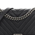 Caviar Chevron Quilted New Medium Boy Flap Dark Navy Blue