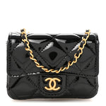 Patent Enamel Quilted Coco Hearts Clutch With Chain Black