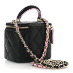 Lambskin Quilted Top Handle Mini Vanity Case With Chain Black Pink