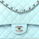 Lambskin Quilted Medium Double Flap Light Blue