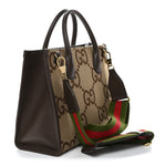 Monogram Jumbo GG Textured Dollar Calfskin Web Small Tote Bag Camel Ebony New Acero