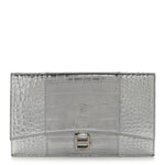 Metallic Calfskin Crocodile Embossed Hourglass Flap Flat Pouch Silver