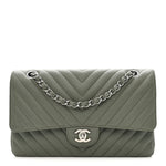 Caviar Chevron Quilted Medium Double Flap  Green