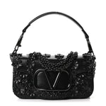 Calfskin Floral Embroidered Monochrome Vlogo Small Loco Shoulder Bag Black