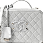 Metallic Caviar Quilted Large CC Filigree Vanity Case Silver