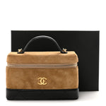 Suede Calfskin Shiny Lambskin Quilted Top Handle Slim Vanity Case With Chain Beige Black