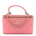 Lambskin Quilted Small Top Handle Vanity Case With Chain Pink