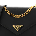 Saffiano Soft Calfskin Metal Triangle Logo Envelope Chain Shoulder Bag Black