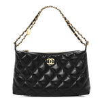 Shiny Lambskin Quilted CC Hobo Black