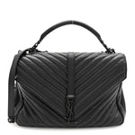 Sheepskin Matelasse Chevron Monogram Monochrome Large College Satchel Black