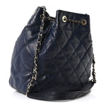 Lambskin Quilted Chain Drawstring Bag Navy Blue