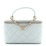 Lambskin Quilted Small Top Handle Vanity Case With Chain Light Blue
