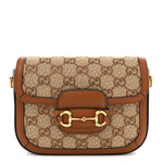 New Canvas Charisma Calfskin Crystal GG Monogram Mini Horsebit 1955 Shoulder Bag Camel Ebony