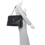 Calfskin Y Quilted Monogram Large Loulou Chain Satchel Black