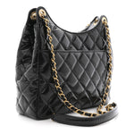 Shiny Crumpled Calfskin Quilted Wavy CC Hobo Black