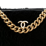 Velvet Camellia Embossed Barrel Clutch With Chain  Black
