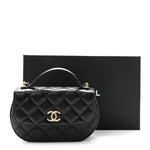 Shiny Aged Calfskin Quilted Top Handle Clutch With Chain Black