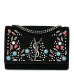 Suede Small Monogram Stone Studded Kate Satchel Black Turquoise Coral
