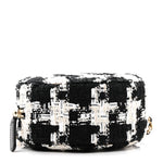 Tweed Quilted Round Clutch With Chain Black Ecru White