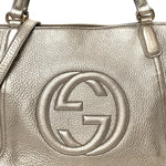 Metallic Pebbled Calfskin Small Soho Top Handle Bag Golden Beige