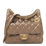 Shiny Crumpled Calfskin Quilted Wavy CC Hobo  Dark Beige