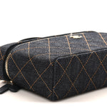 Denim Quilted Top Handle Slim Vanity Case With Chain Dark Blue Orange