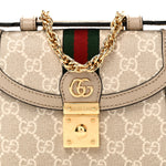 GG Supreme Monogram Textured Dollar Calfskin Web Mini Ophidia Padlock Top Handle Chain Shoulder Bag Beige Mystic White Oatmeal