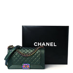 Iridescent Goatskin Quilted Medium Boy Flap Green