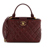 Glazed Calfskin Quilted Small Gold Bar Tote Red