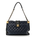 Lambskin Quilted Elegant CC Shopping Tote Navy Black