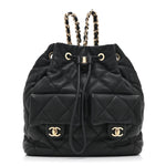 Lambskin Quilted Double Pocket Drawstring Backpack Black