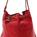 Lambskin Diamond Stitched CC Drawstring Shoulder Bag Red