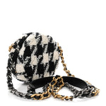 Wool Tweed Lambskin Quilted Chanel 19 Round Clutch With Chain and Coin Purse Black White
