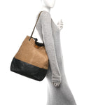 Suede Shiny Lambskin Quilted Large Shopping Bag Beige Black