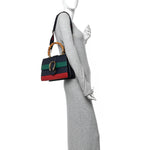 Moon Calfskin Web Medium Dionysus Bamboo Top Handle Bag Blue Emerald Hibiscus Red