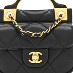 Calfskin Quilted Lady Handle Flap Card Holder With Chain Black