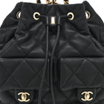 Lambskin Quilted Double Pocket Drawstring Backpack Black