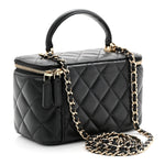 Lambskin Quilted Small Top Handle Vanity Case With Chain Black