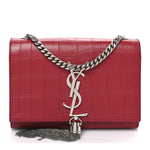 Calfskin Crocodile Embossed Small Classic Monogram Kate Tassel Satchel Red