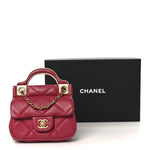 Calfskin Quilted Lady Handle Flap Card Holder With Chain Dark Pink