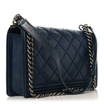 Calfskin Quilted Double Stitch New Medium Boy Flap Navy Blue