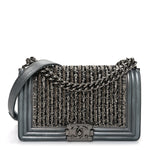 Metallic Lambskin Glass Pearl Embroidered Medium Boy Flap  Silver