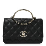 Lambskin Quilted Crystal Handle Wallet On Chain WOC Black
