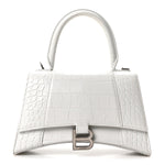Shiny Calfskin Crocodile Embossed Small Hourglass Top Handle Bag White