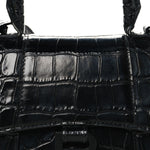 Shiny Calfskin Monochrome Crocodile Embossed Small Hourglass Top Handle Bag Black