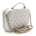 Metallic Lambskin Quilted Top Handle Vanity Case Silver