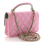 Lambskin Quilted Flap Phone Holder With Chain Lilac Light Green