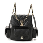 Shiny Caviar Quilted Small Duma Pockets Drawstring Backpack Black