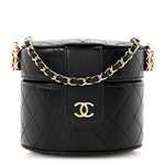 Lambskin Quilted Mini Round Vanity Case With Chain Black