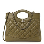 Shiny Crumpled Calfskin Quilted Mini 31 Shopping Bag Khaki